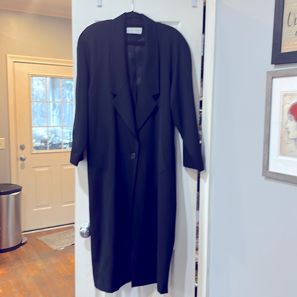 Vintage Black Linda Richards 100% Wool Full-length Trench Coat.